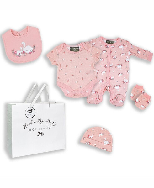 Baby Girls Lovely Swan Layette Gift in Mesh Bag, 5 Piece Set
