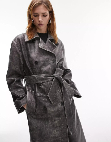 Topshop – Trenchcoat aus Echtleder in verwaschenem Grau