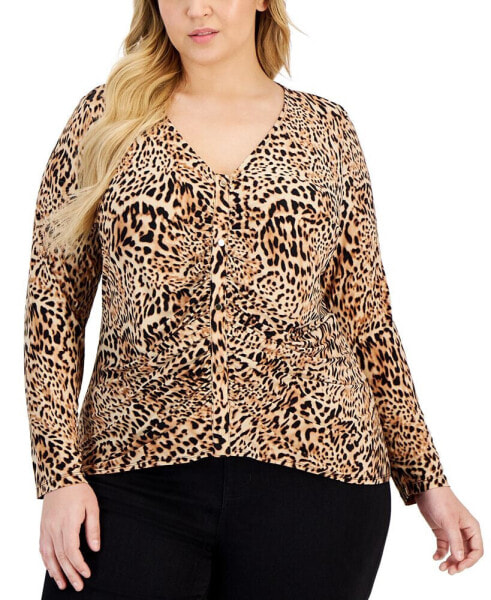 Plus Size Animal-Print Ruched Top, Created for Macy's