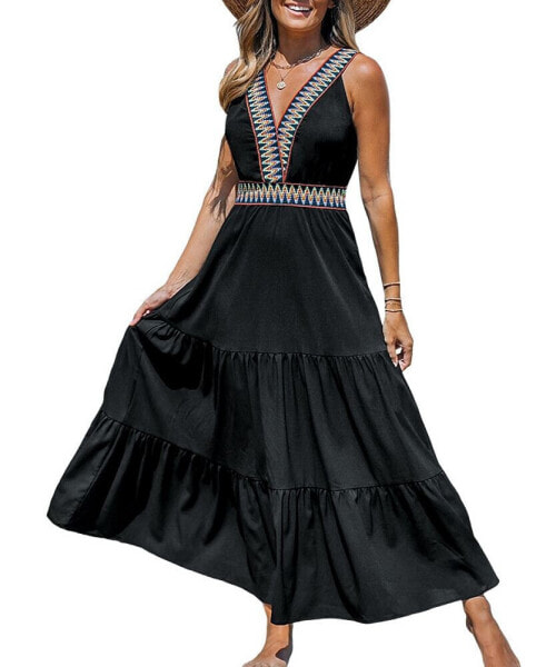 Women's Black Boho Sleeveless V-Neck Maxi Beach Dress