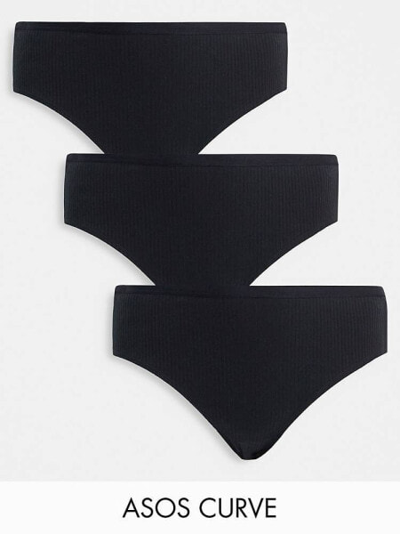 ASOS DESIGN Curve 3 pack ribbed brief in black