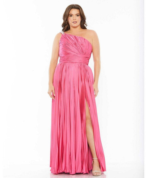 Women's Plus Size One Shoulder Embellished Pleated Sleeveless Gown