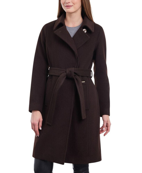 Women's Petite Belted Notched-Collar Wrap Coat