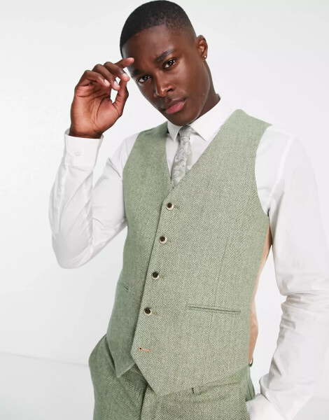 Harry Brown herringbone slim suit waistcoat in green