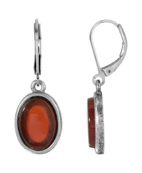 Silver-Tone Semi Precious Carnelian Oval Flat Drop Earrings