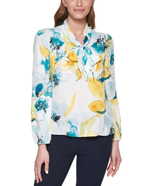 Petite Printed Tie-Neck Top