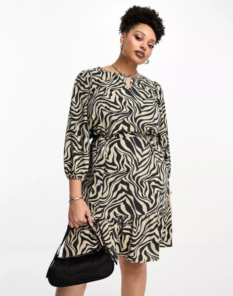 ONLY Curve puff sleeve belted mini dress in zebra print