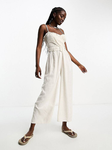 ASOS DESIGN linen shirred bodice belt jumpsuit in stone