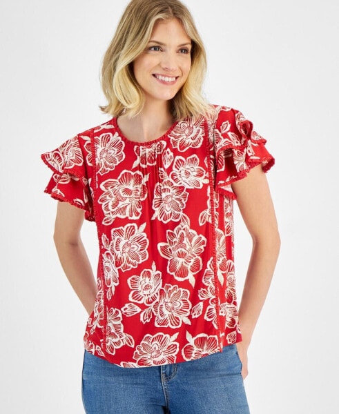 Women's Batik Rose Flutter-Sleeve Top