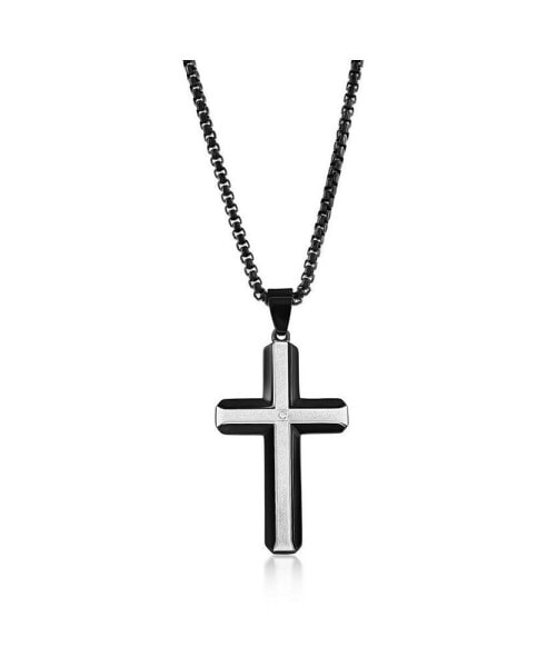 Stainless Steel Sand Blasted Single CZ Cross Black Plated Necklace