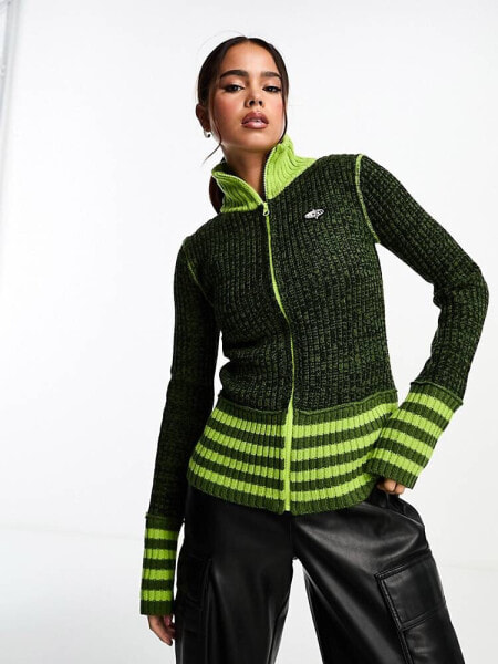 Basic Pleasure Mode stripe detail zip through knitted cardigan top in green