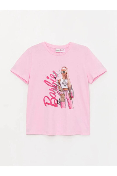 Bisiklet Yaka Barbie Baskılı Kısa Kollu Kız Çocuk Tişört