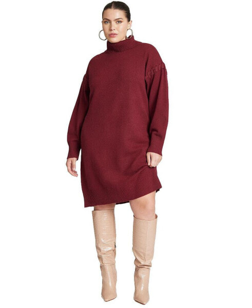 Plus Size Sweater Mini Dress With Lace Detail - 14/16, Bordeaux