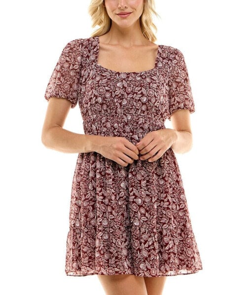 Juniors' Printed Puff-Sleeve A-Line Dress