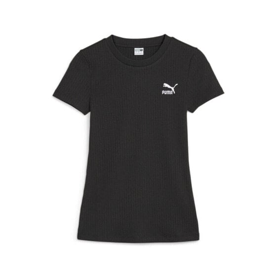 Puma Classics Ribbed Slim Logo Crew Neck Short Sleeve T-Shirt Womens Size S Cas