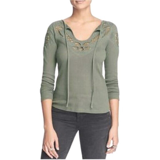 Free People Women Lace Up V Neck Embroidered Cutout Top Gray XS