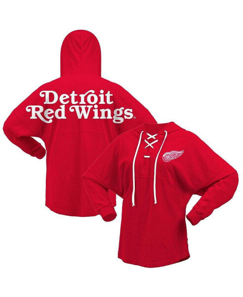 Women's Red Detroit Red Wings Jersey Lace-Up V-Neck Long Sleeve Hoodie T-shirt
