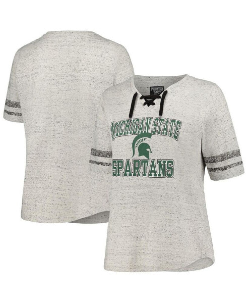 Women's Heather Gray Distressed Michigan State Spartans Plus Size Striped Lace-Up T-shirt