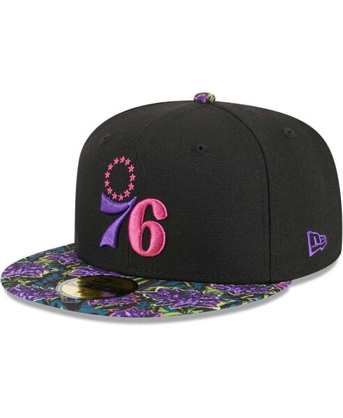 Men's Black Philadelphia 76ers Dark Fantasy Neon Lotus Flower 59FIFTY Fitted Hat