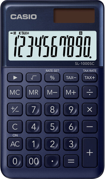 Калькулятор базовый CASIO SL-1000SC-NY - карманный, 10 разрядов, 1 строка, от батарей/солнечная, синий