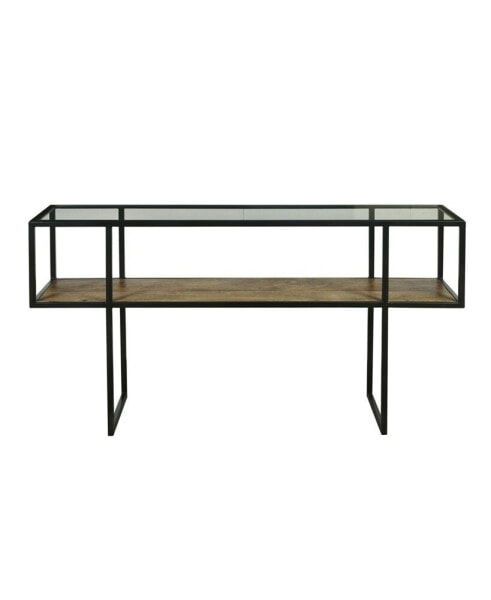 Iron Console Table with Glass Top and Wooden Shelf