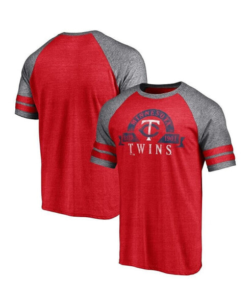 Men's Heather Red Minnesota Twins Utility Two-Stripe Raglan Tri-Blend T-shirt