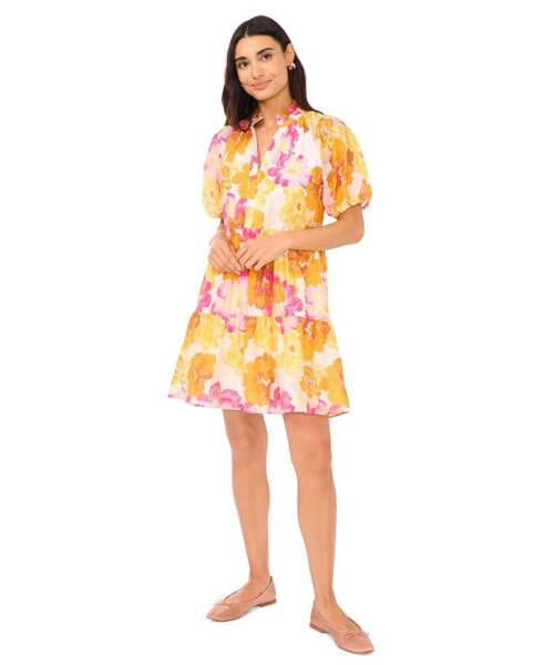Women's Floral Print Ruffled Neck Baby Doll Tiered Dress