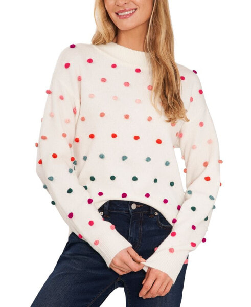 Women's Mock Neck Rainbow Pom Pom Sweater
