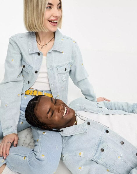 Karl Kani unisex co-ord OG denim trucker jacket in light blue with daisy embroidery