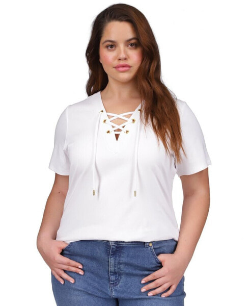 Plus Size Lace-Up Short-Sleeve T-Shirt