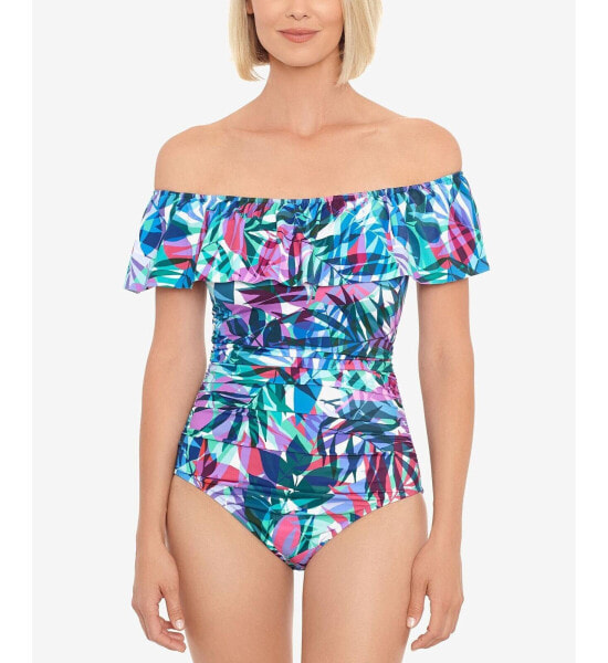 Swim Solutions 297819 Off-The-Shoulder Tummy-Control One-Piece Swimsuit, 12