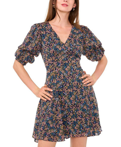 Women's Bubble-Sleeve Back-Cutout Floral Mini Dress