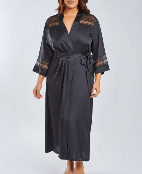 Plus Size Silky Stretch Satin Long Robe with Lace Trims