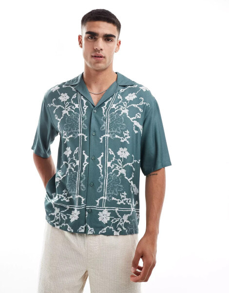 ONLY & SONS revere collar shirt with floral boarder print in teal