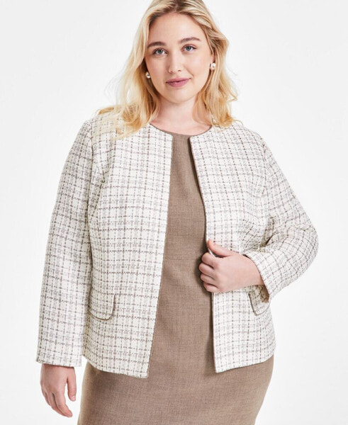 Plus Size Plaid Tweed Open-Front Cardigan Jacket