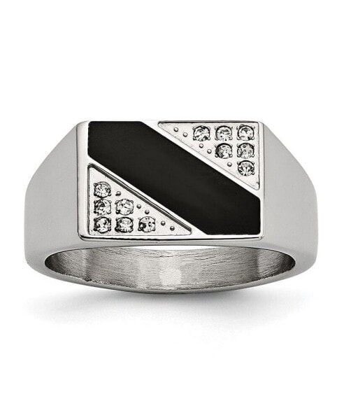 Stainless Steel Polished Black Enameled CZ Signet Ring