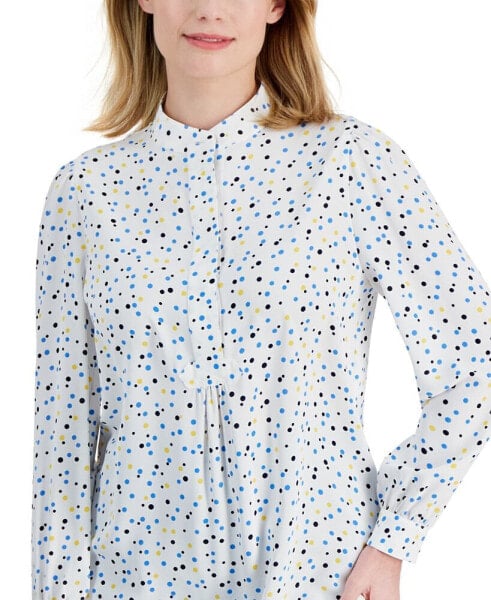 Petite Dot Print Band Collar Long-Sleeve Top