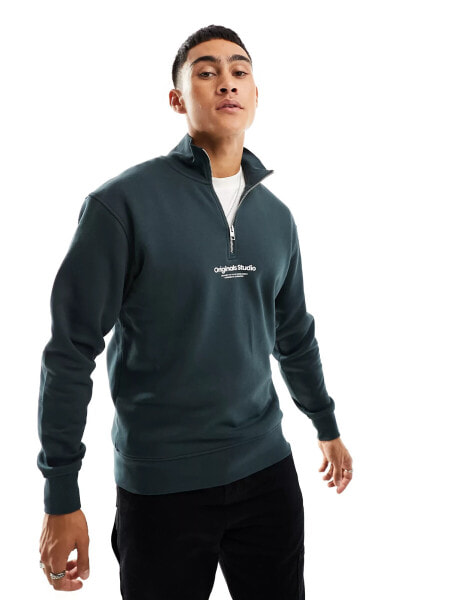 Jack & Jones 1/4 zip sweat with central logo in green