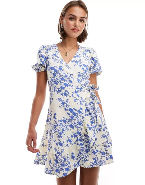 Brave Soul floral print wrap dress in blue & white