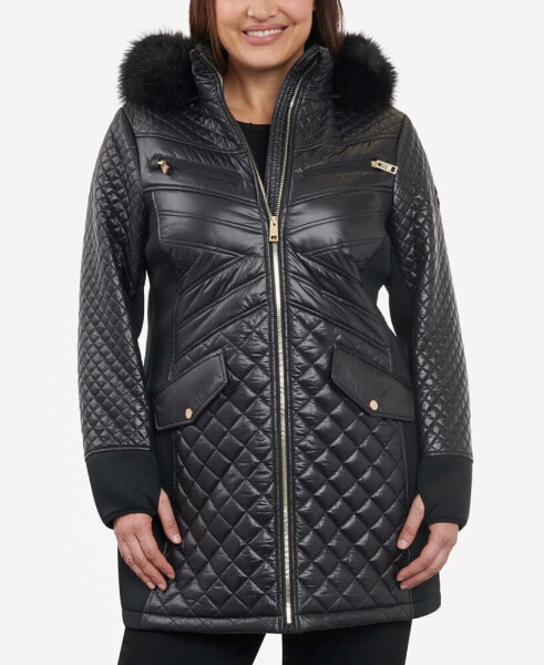 Women's Plus Size Faux-Fur-Trim Hooded Quilted Coat