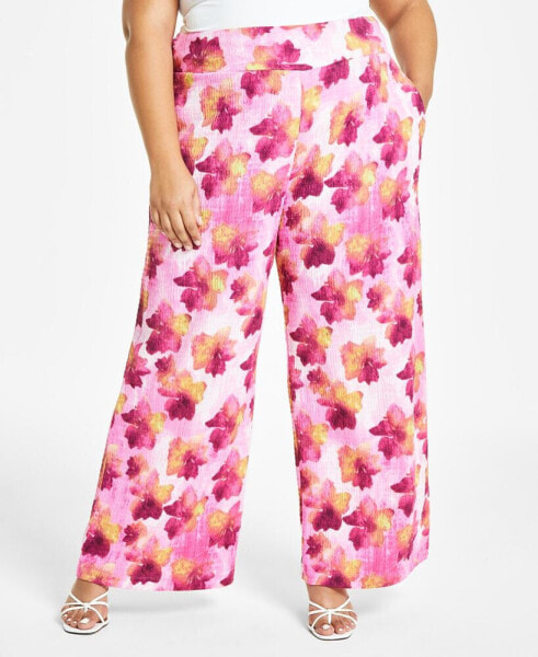 Trendy Plus Size Printed Textured Wide-Leg Pants, Created for Macy's