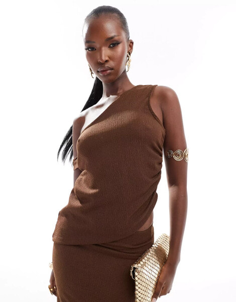 ASOS DESIGN twisted one shoulder asymmetric top co ord in textured chocolate