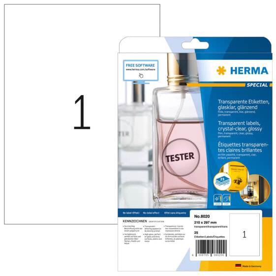 HERMA Labels transparent crystal-clear A4 210x297 mm transparent clear film glossy 25 pcs. - Transparent - Self-adhesive printer label - A4 - Laser - Permanent - Gloss