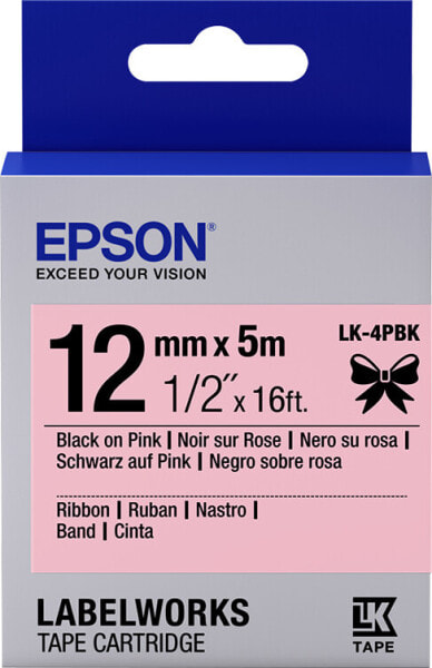 Epson Label Cartridge Satin Ribbon LK-4PBK Black/Pink 12mm (5m) - Black on pink - Japan - Satin - Epson - LabelWorks LW-400VP LabelWorks LW-700 LabelWorks LW-Z900FK - 1.2 cm