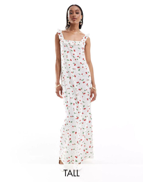 ONLY Tall linen mix maxi dress in cherry print