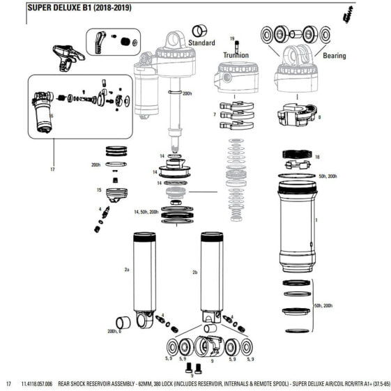 Амортизатор задний RockShox Super Deluxe RCR корпус 62мм, 380 блокировка (резервуар, внутренности и пульт управления) - воздушный/пружинный, RCR/RTR A1+ (37.5-65)