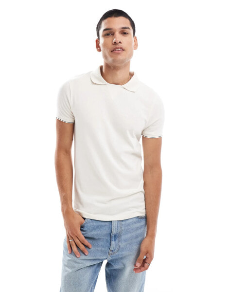 ASOS DESIGN muscle fit polo with revere collar in cream