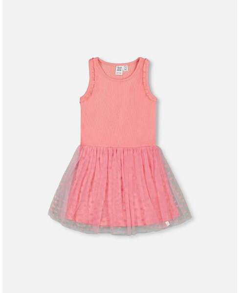 Girl Shiny Ribbed Dress With Mesh Flocking Flowers Pink - Child