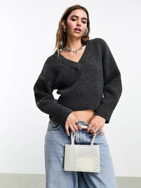 Monki v neck knitted sweater in dark grey melange