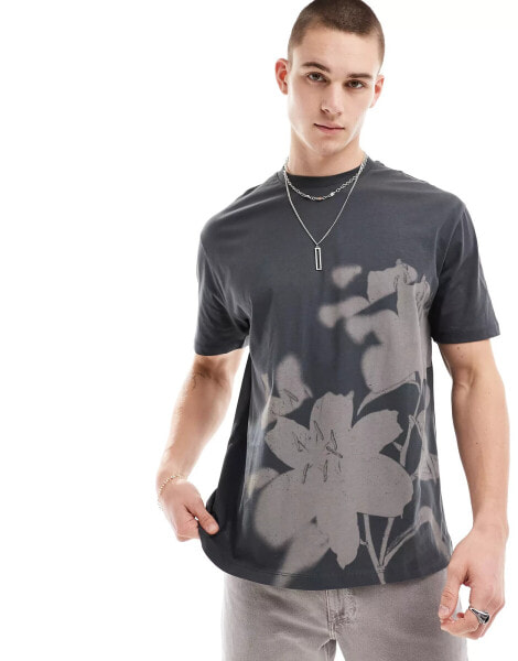 ASOS DESIGN relaxed t-shirt with floral print in charcoal